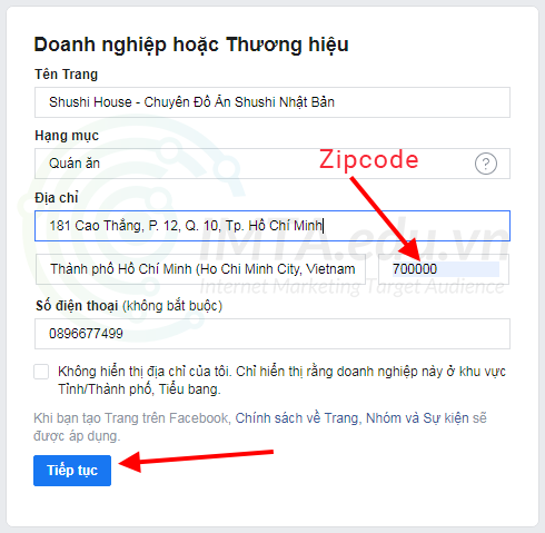 Điền thông tin trang Fanpage