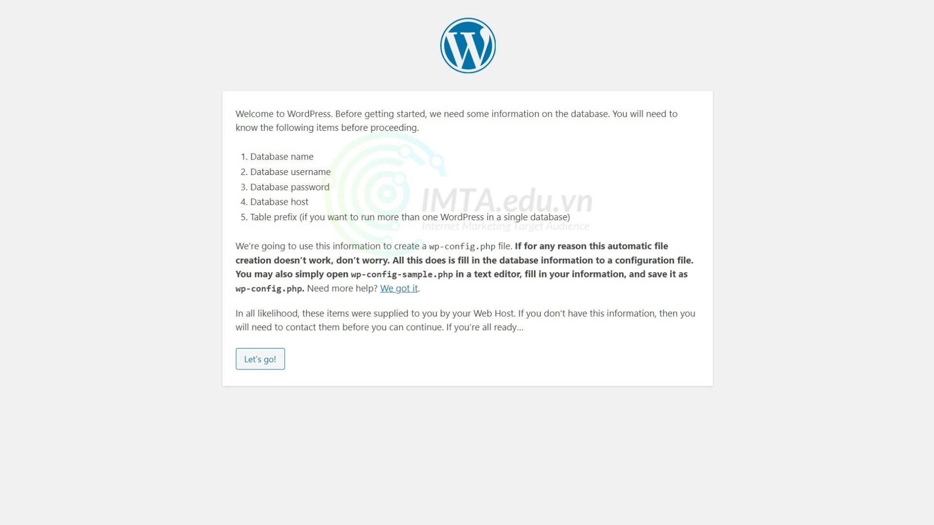 Trang chào mừng của WordPress