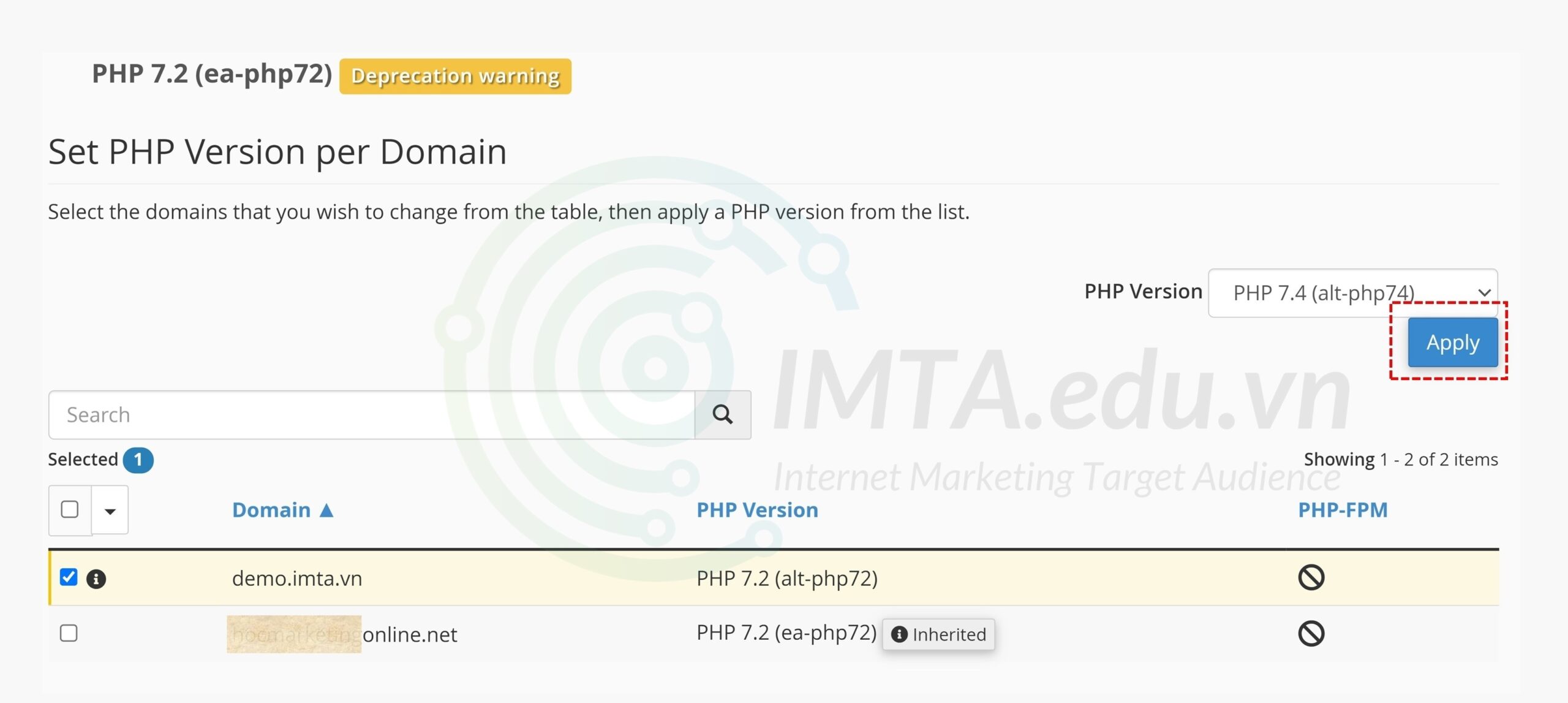 Chọn phiên bản php cần nâng cấp