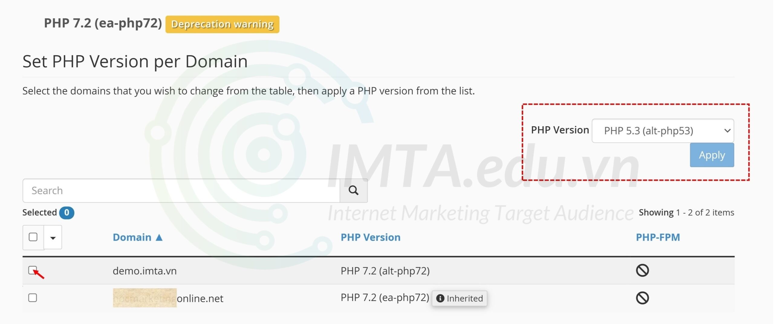 Select the domain name to upgrade the php version