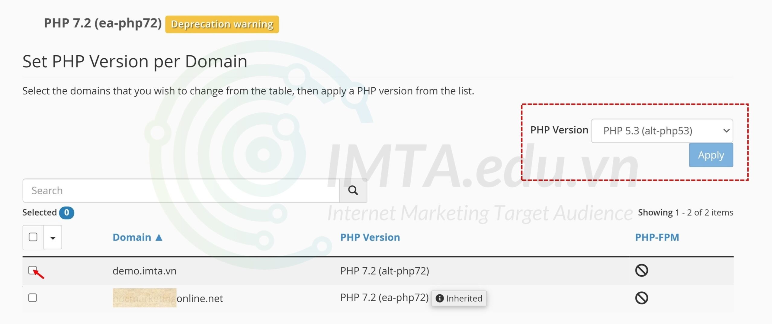 Chọn tên miền cần nâng cấp phiên bản php