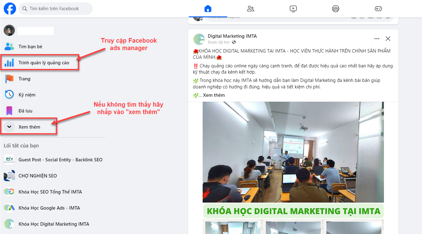 Truy cập Facebook ads manager từ giao diện Facebook