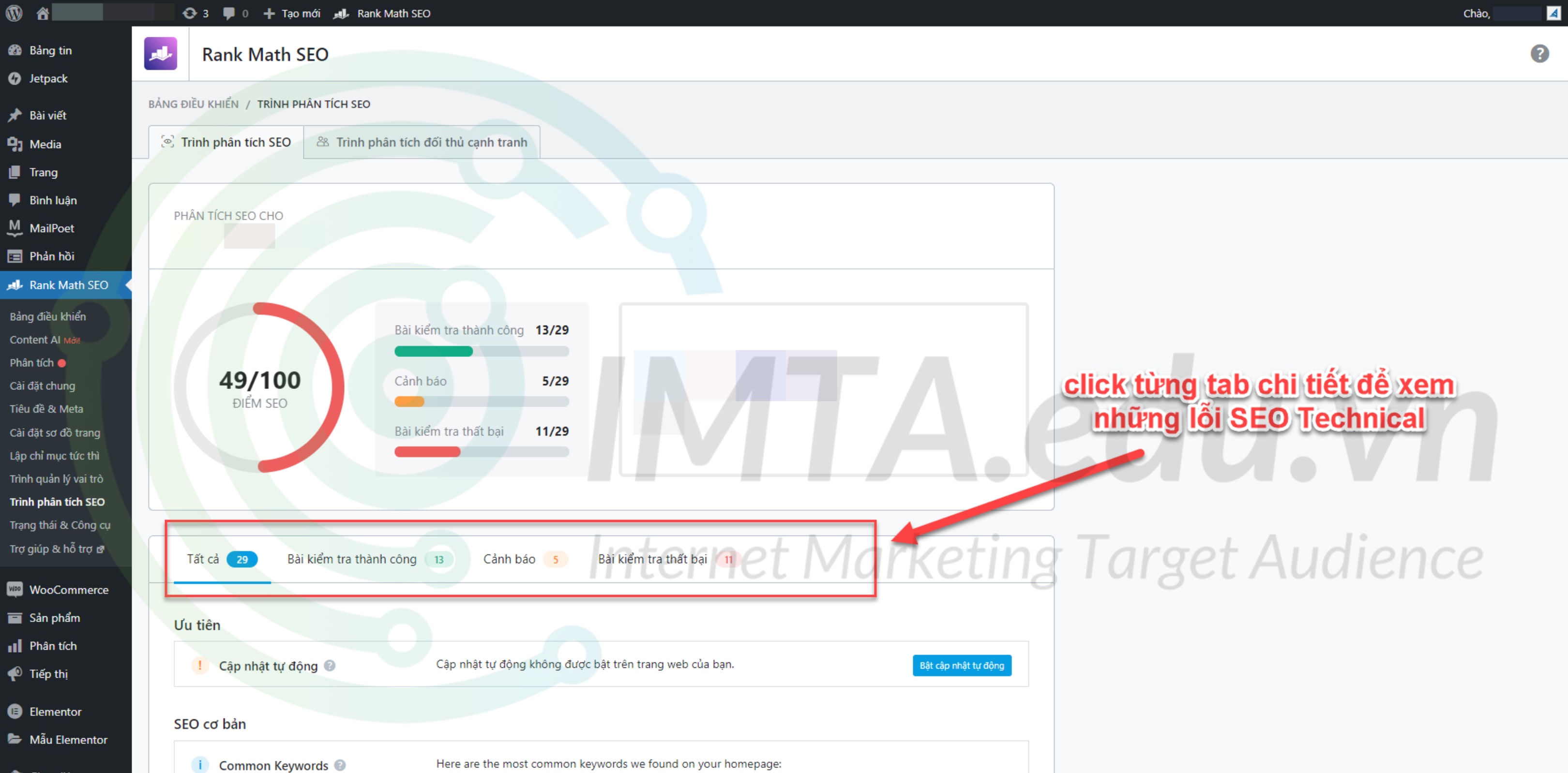 Rank Math phân tích tổng quan SEO website