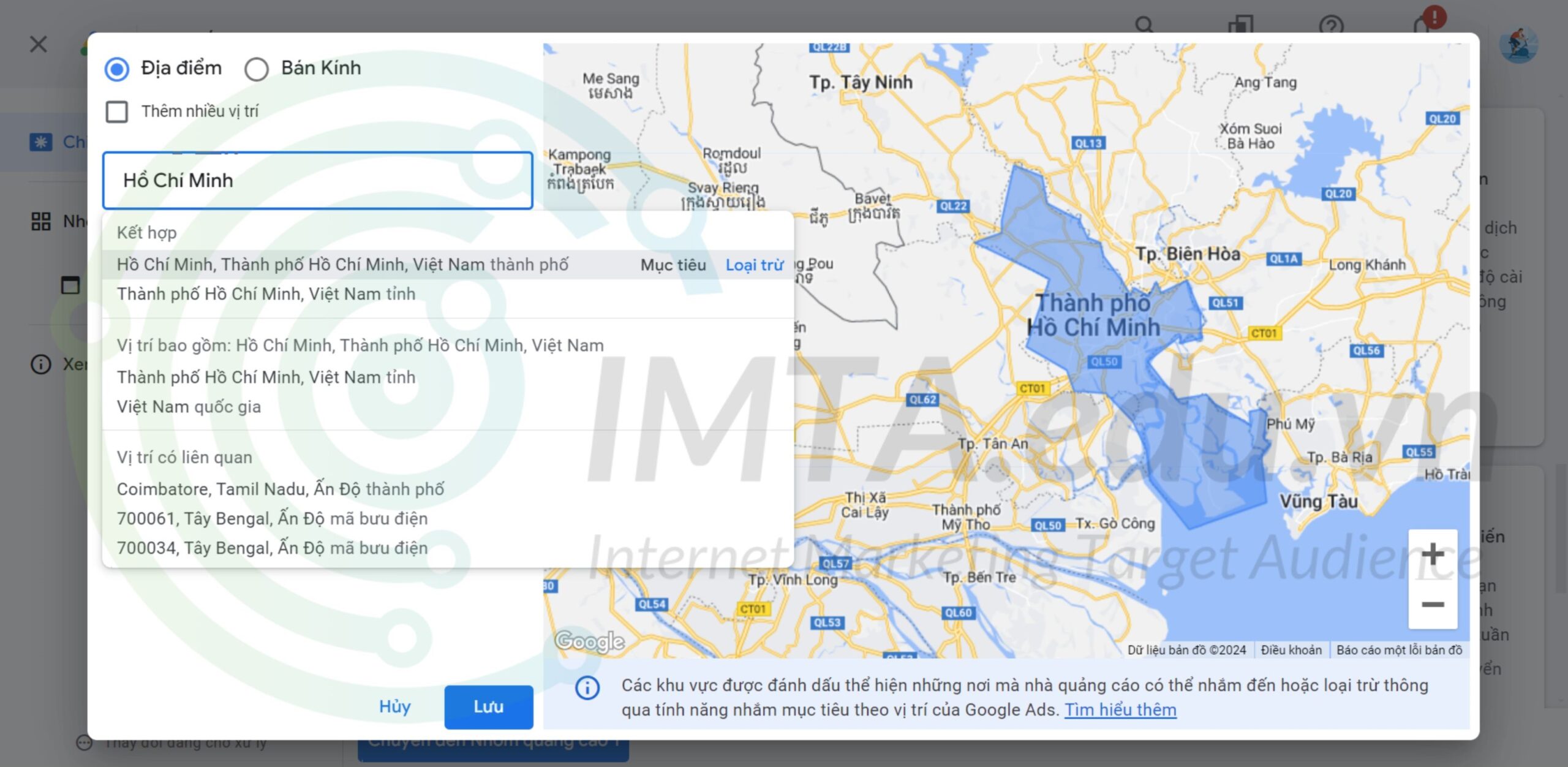 Cài đặt vị trí khu vực TP. Hồ Chí Minh cho chiến dịch Gmail Ads