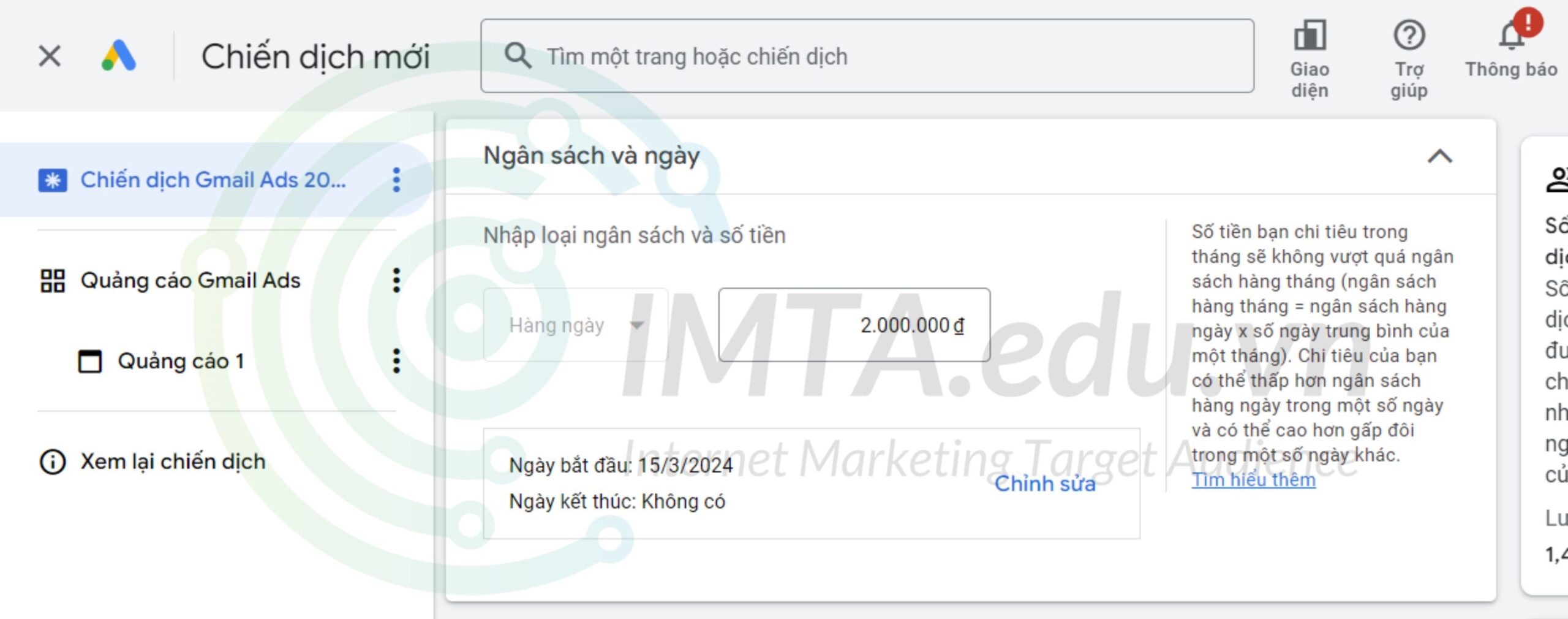 Cài đặt ngân sách chiến dịch Gmail Ads