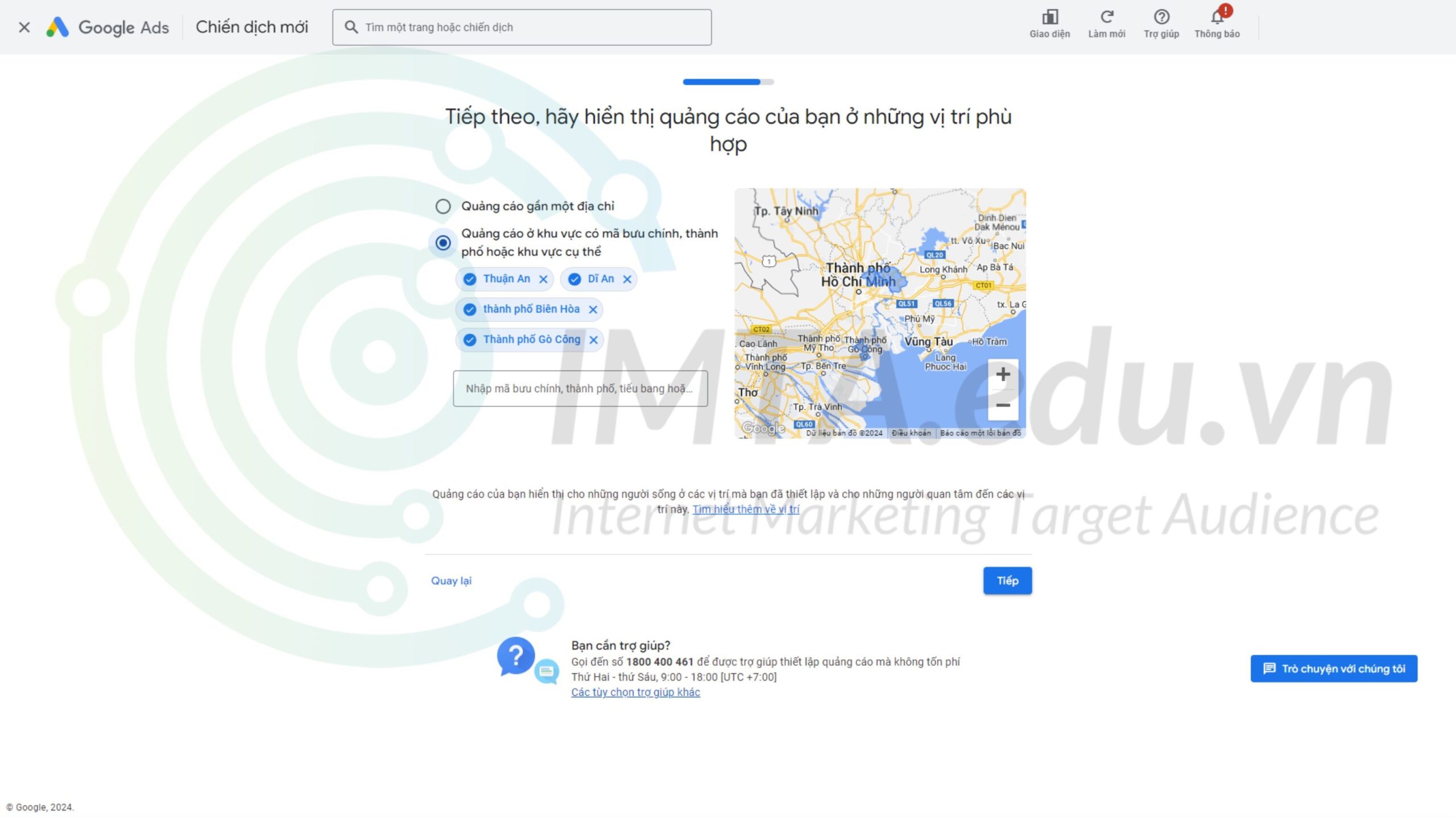 Bạn có thể lựa chọn ví trí hiển thị quảng cáo thủ công cho chiến dịch Goole Maps