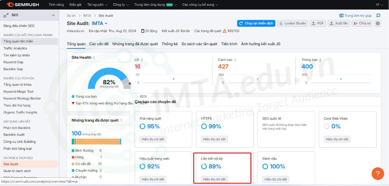 Trang tổng quan audit website SEMRush