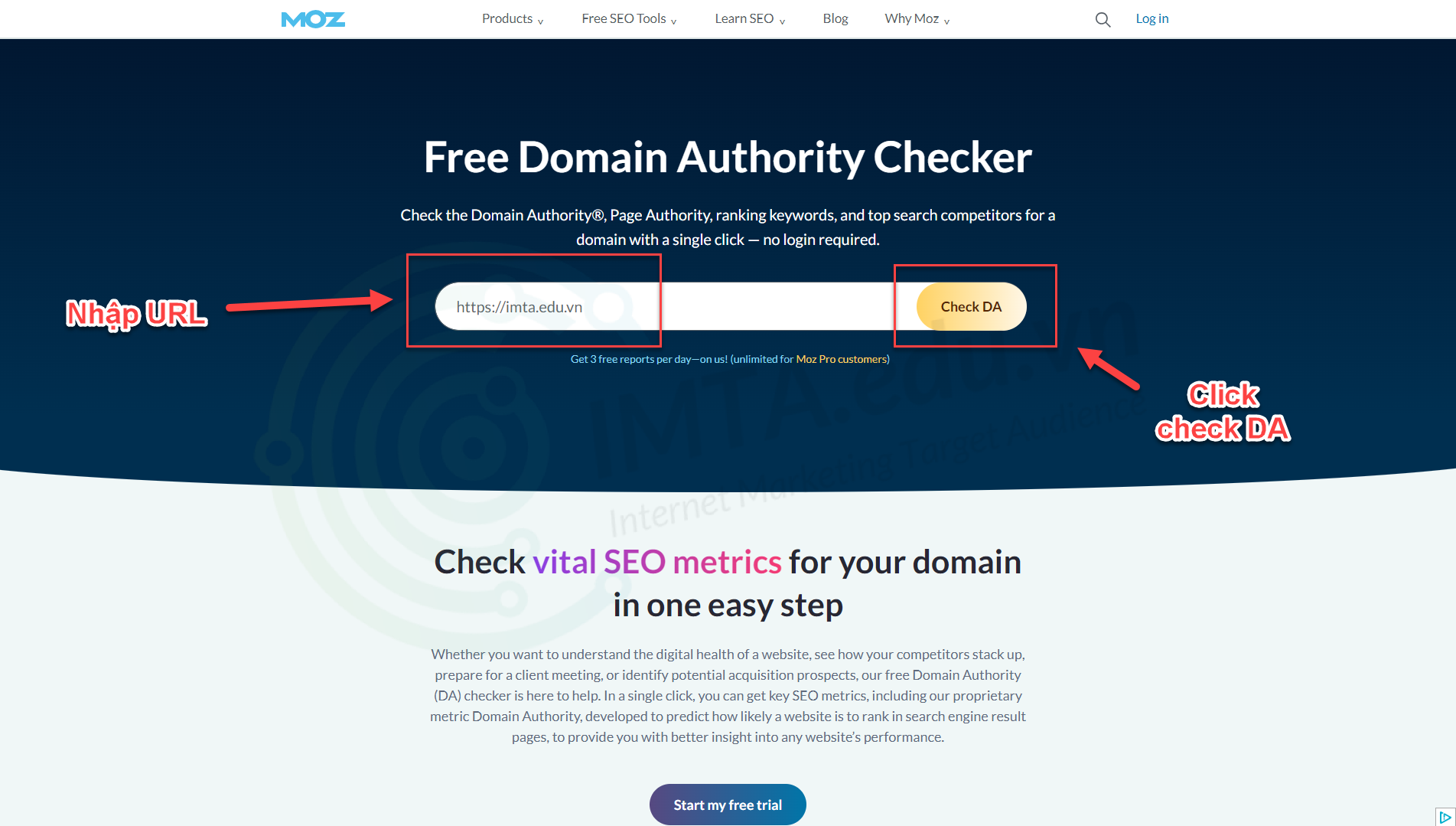 Check DA trên Domain Authority Checker của MOZ