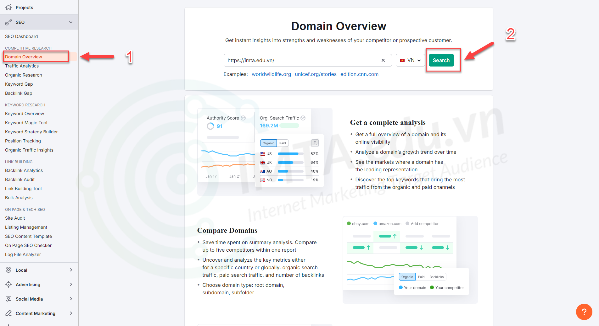 truy cập vào SEMRush, vào  Domain Overview và check website