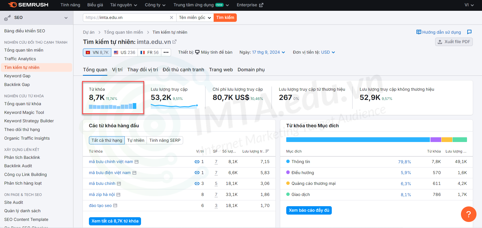 Tổng quan từ khóa tìm kiếm tự nhiên trong SEMrush