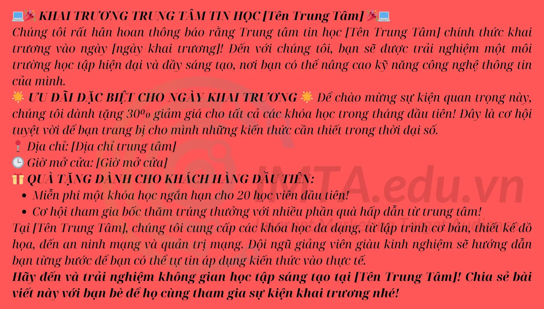 Bài đăng khai trương trung tâm tin học