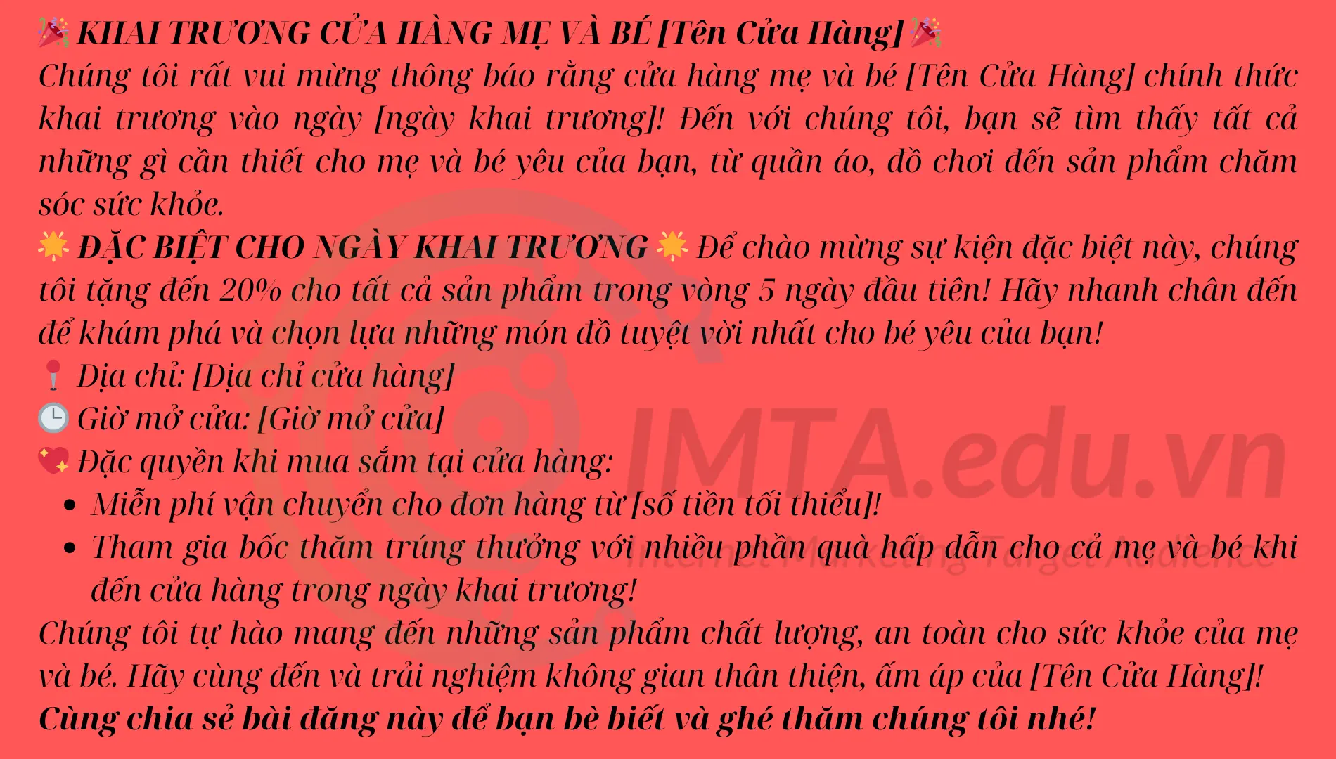 Mẫu Content khai trương cửa hàng dành cho mẹ và bé