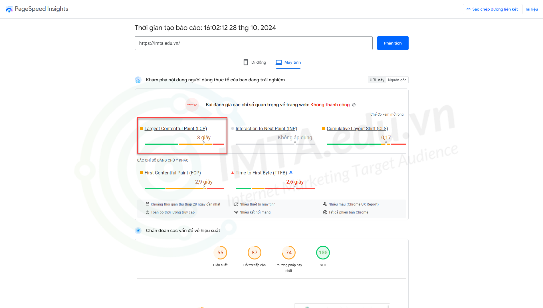 Đo LCP bằng Pagespeed Insight