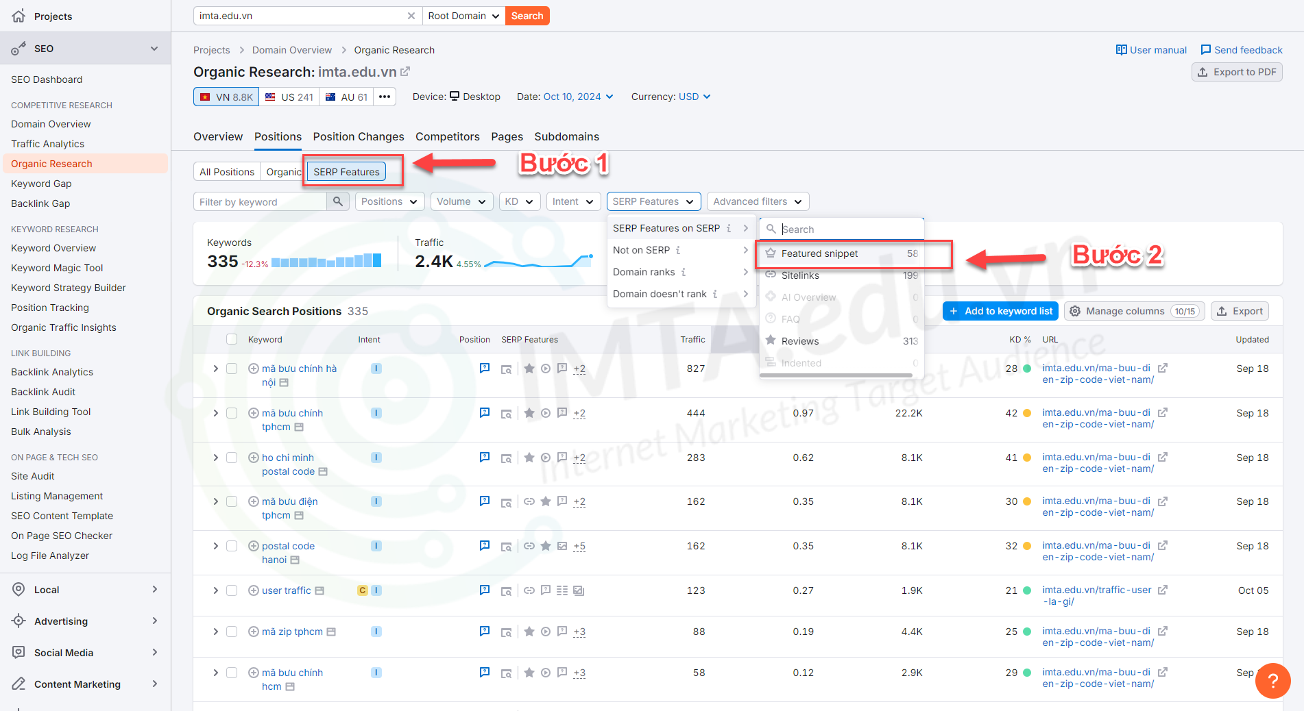 Lọc ra những Featured Keyword bằng SEMrush