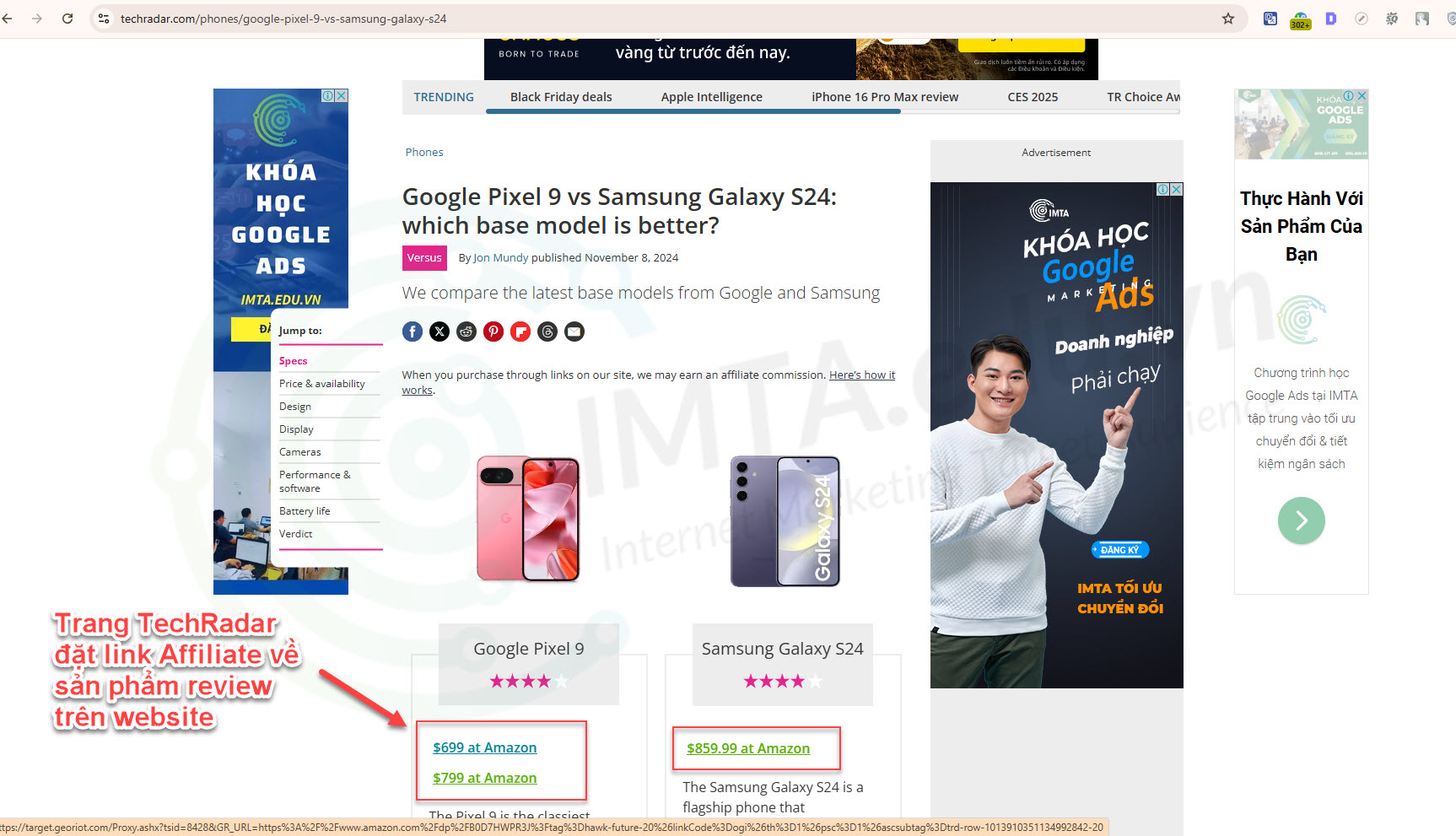 Trang TechRadar đặt link Affiliate cho sản phẩm review