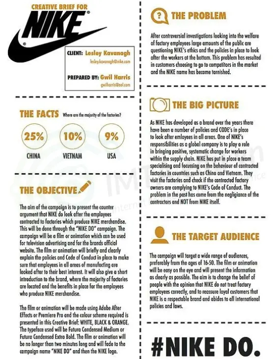 Ví dụ về mẫu Creative brief của Nike.