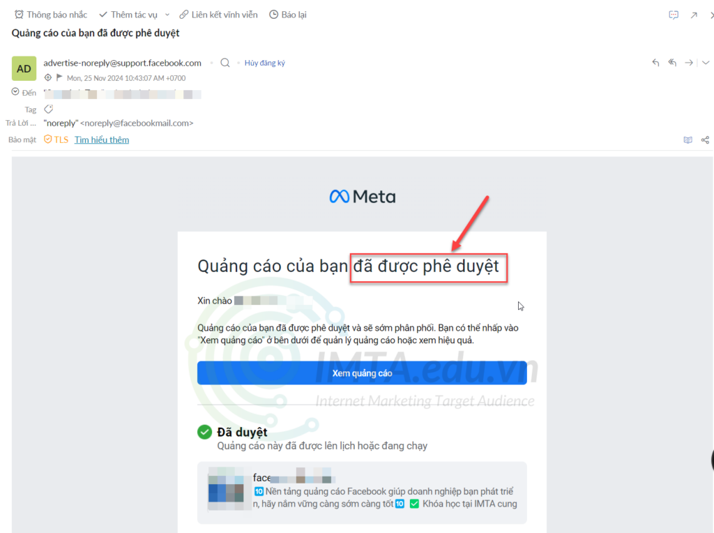 Email Facebook gửi sau khi được phê duyệt