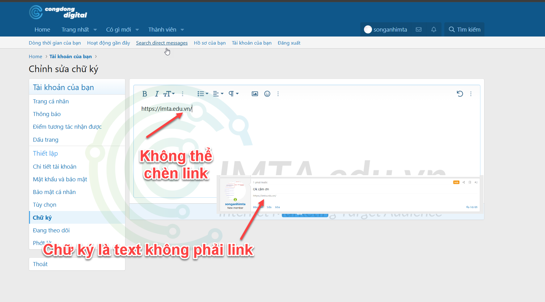 Không cho chèn LInk chữ ký