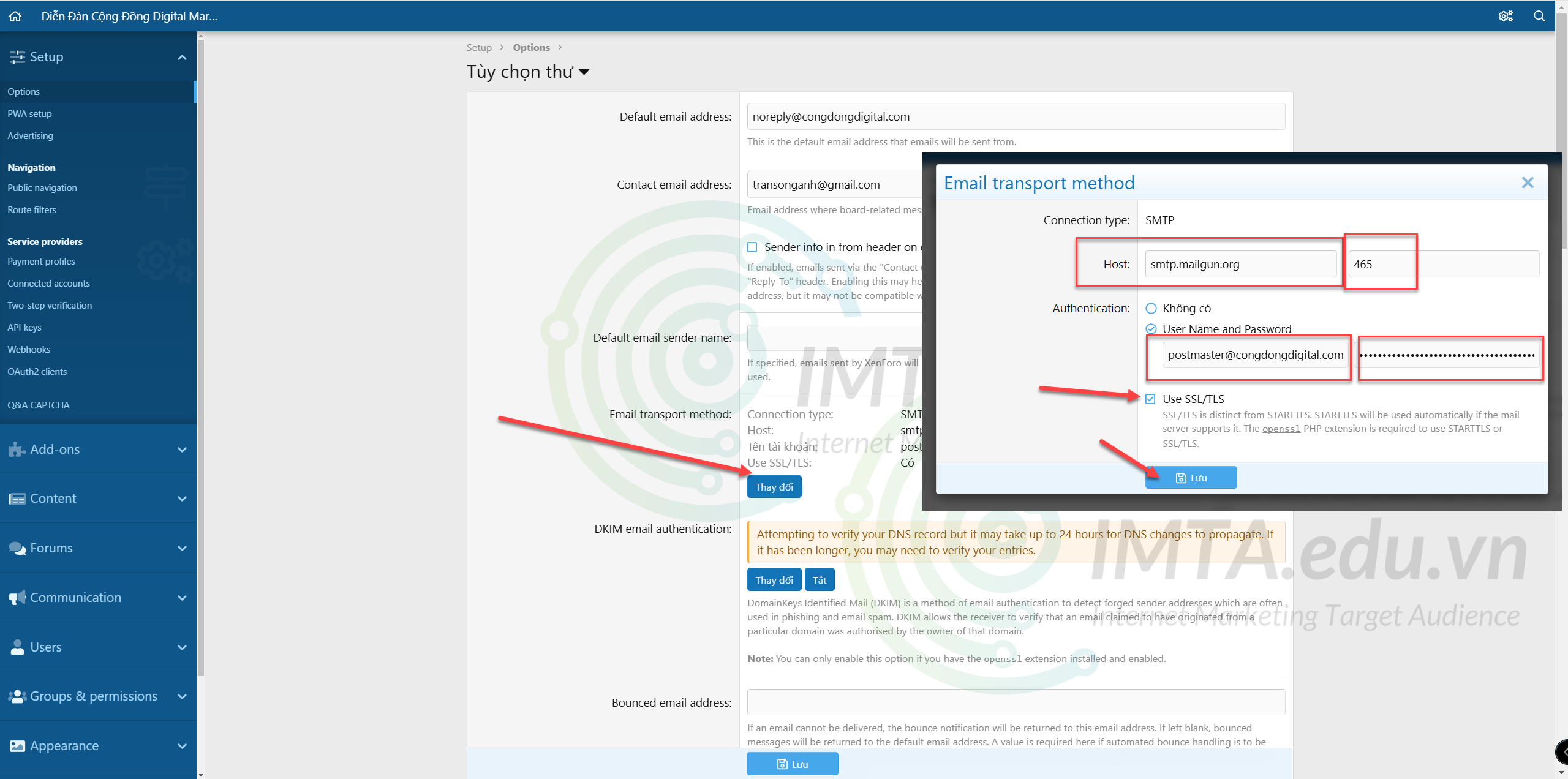 Nhập thông tin SMTP vào forum Xenforo