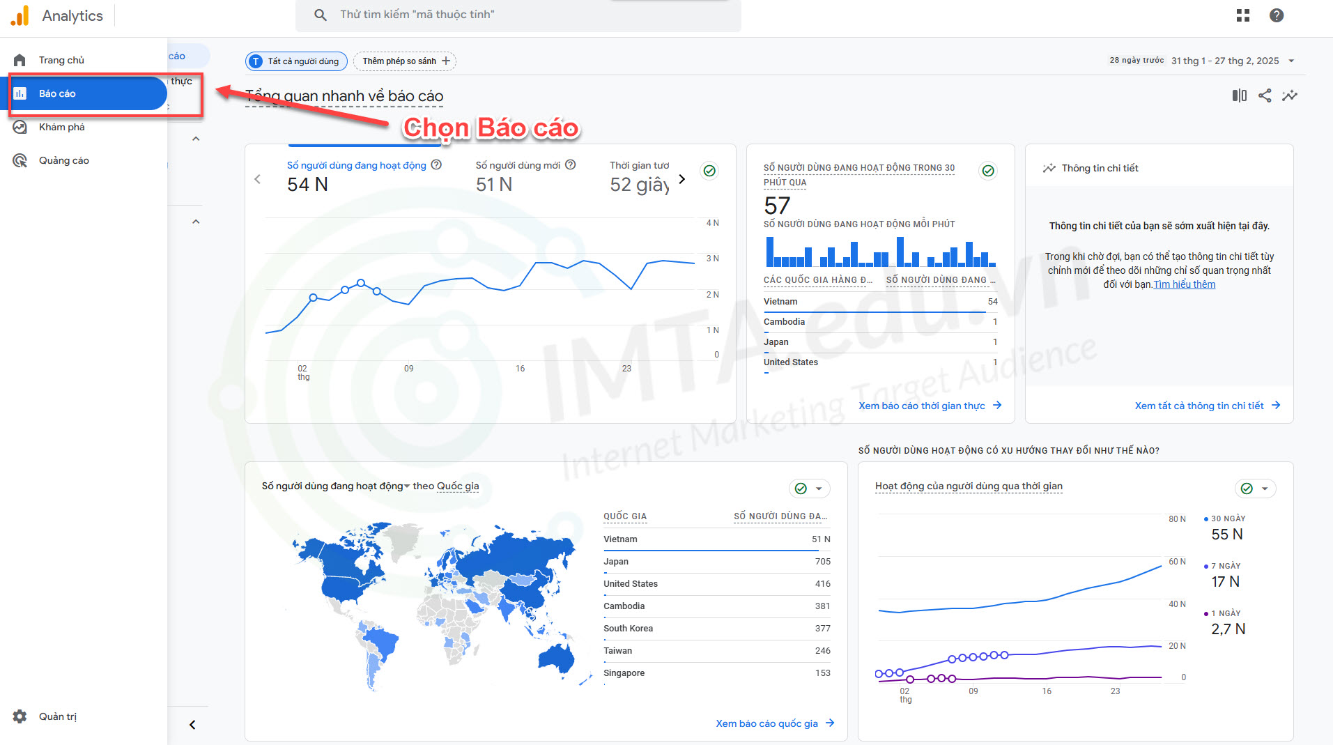 Chọn "Báo cáo" trong Google Analytics