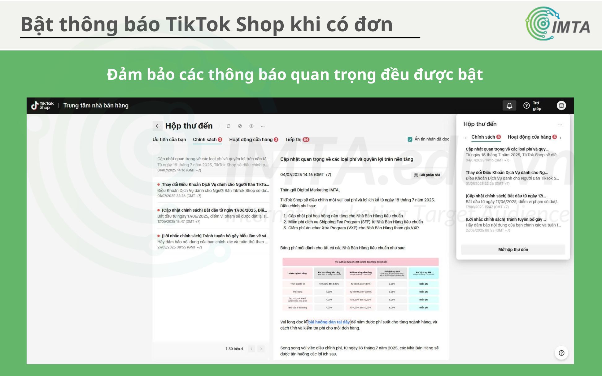 Bật thông báo TikTok Shop khi có đơn