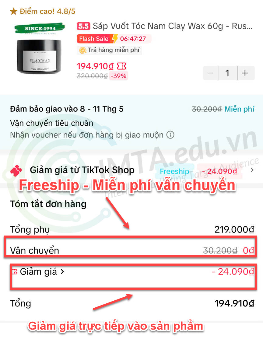 Ví dụ sản phẩm Tiktok Shop vừa freeship vừa giảm giá trực tiếp vào sản phẩm