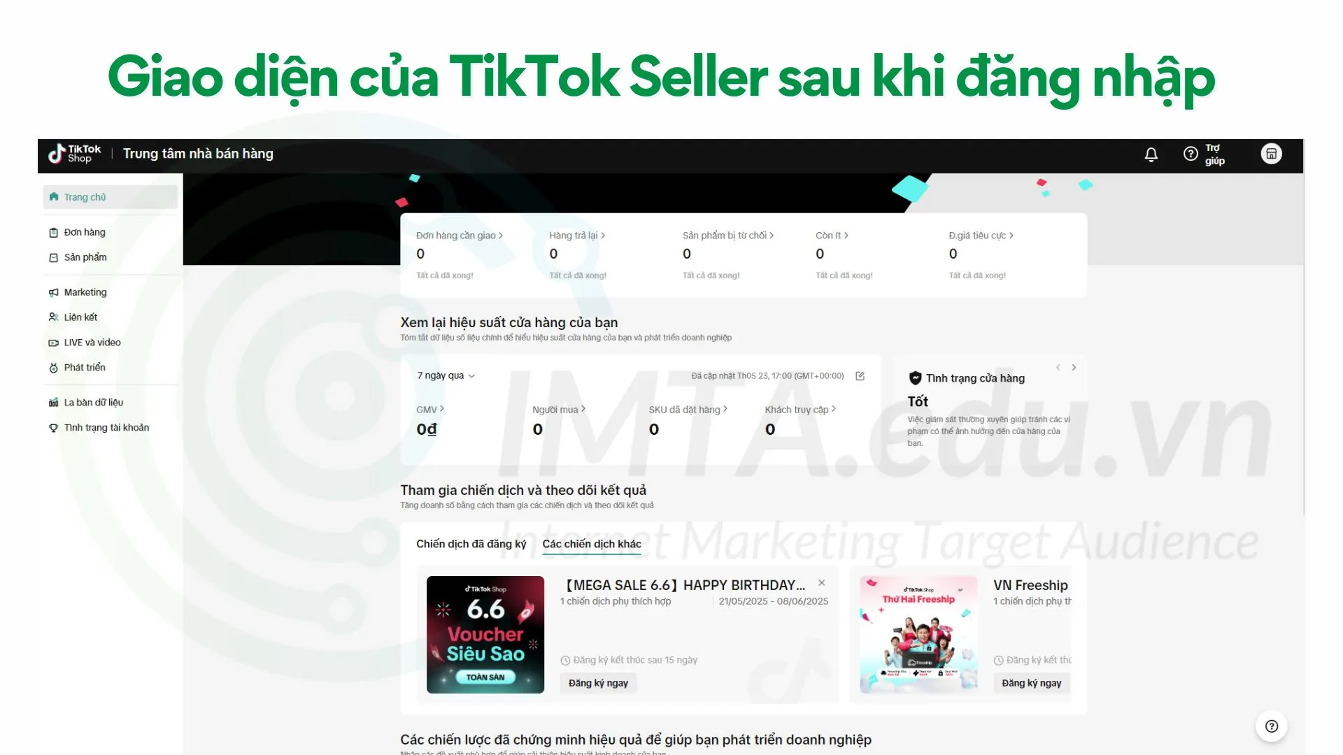 Giao diện sau khi đăng nhập vào TikTok Seller