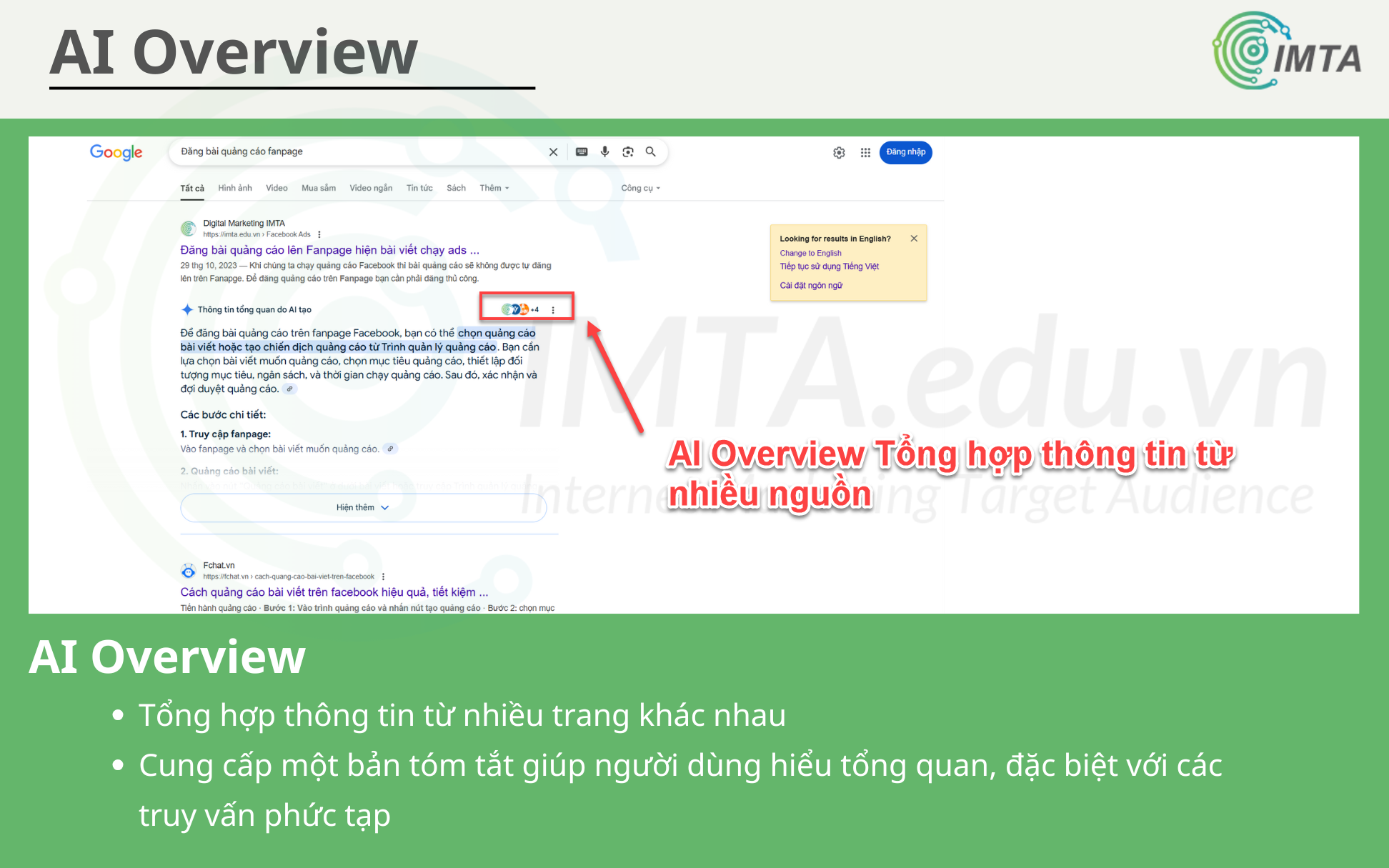 Khác với Featured Snippets, AI Overview tổng hợp thông tin nhiều nguồn