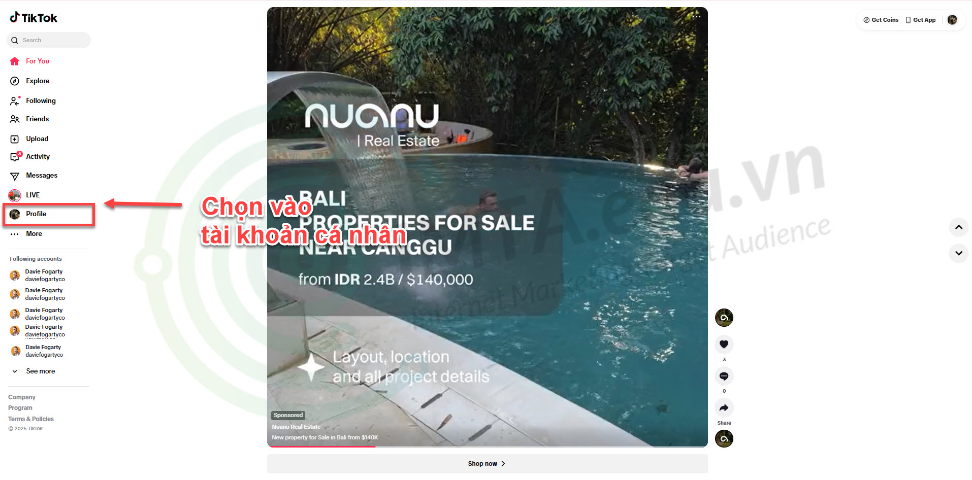Chọn vào trang Tài khoản cá nhân TikTok trên Desktop