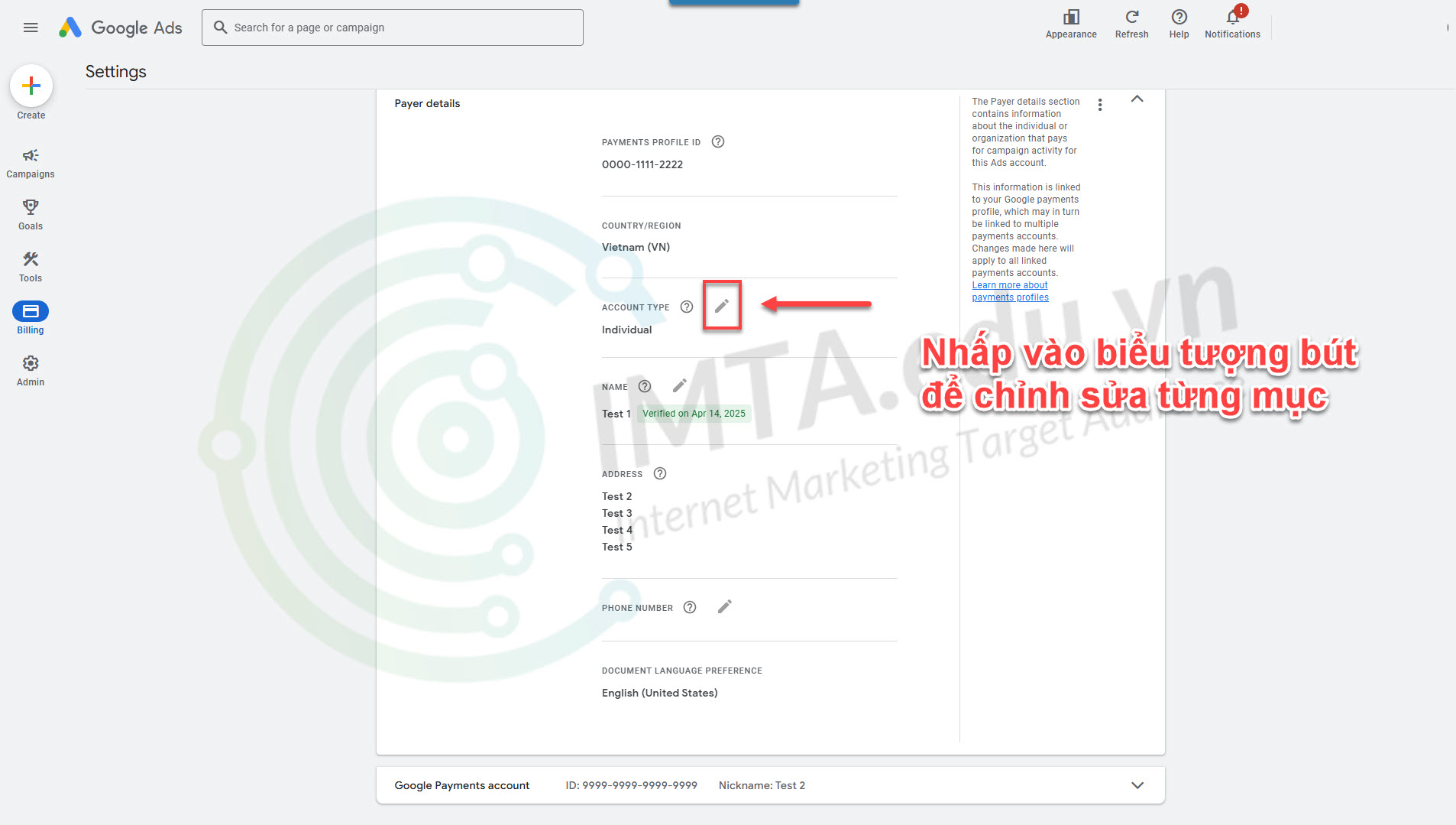 Nhấp vào biểu tượng bút để chỉnh sửa từng mục