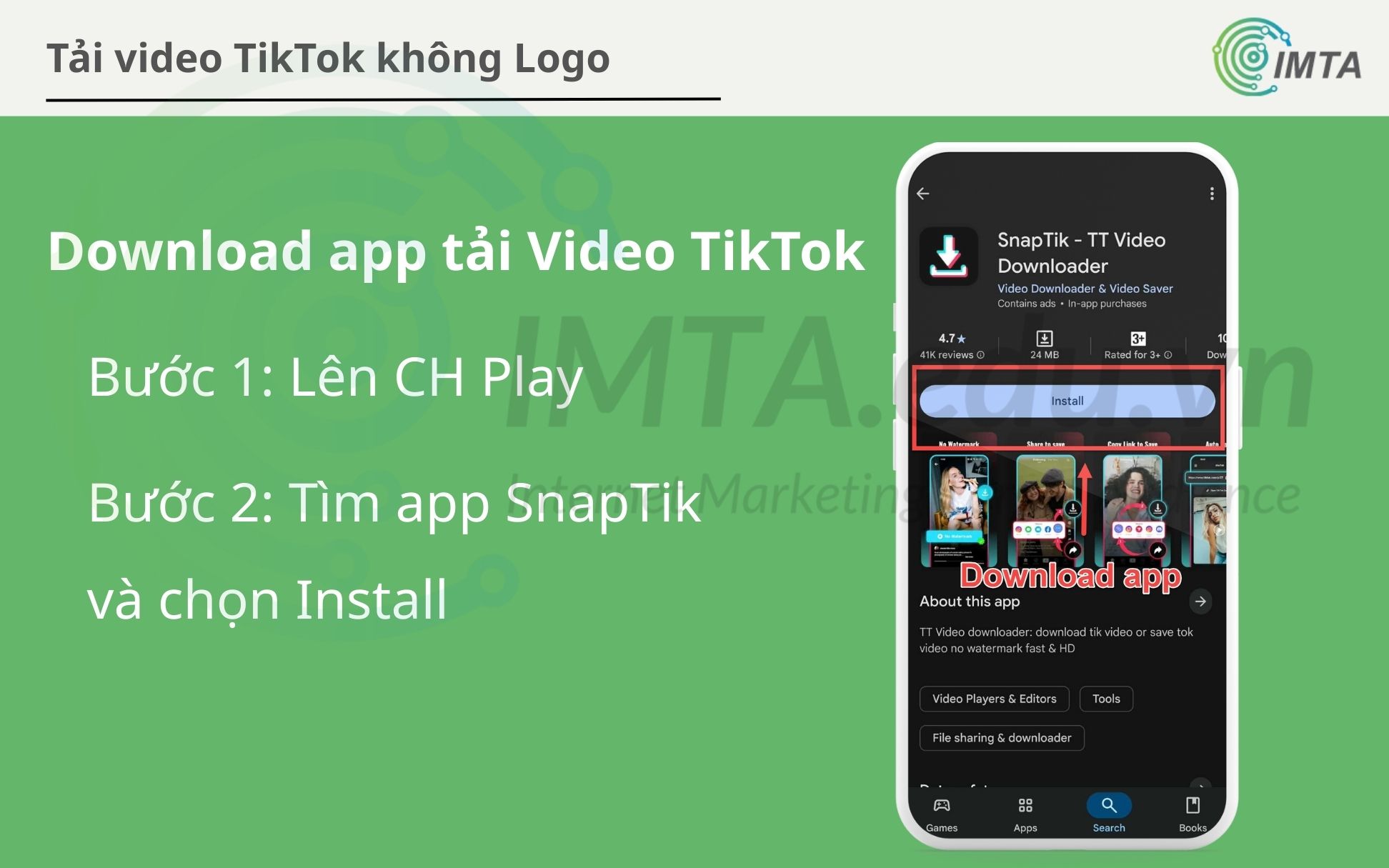 Vào Google Play Store, và tải app SaveTik
