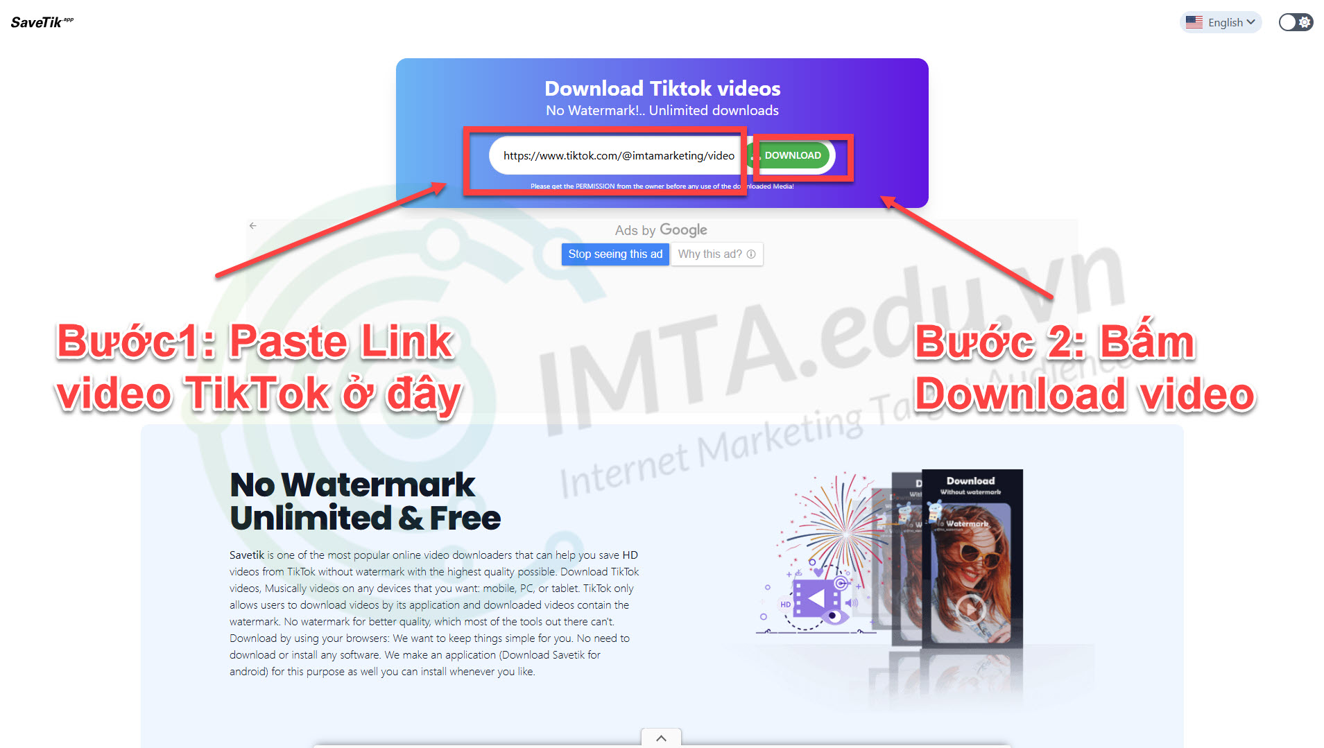 Truy cập web SaveTik và download video xuống