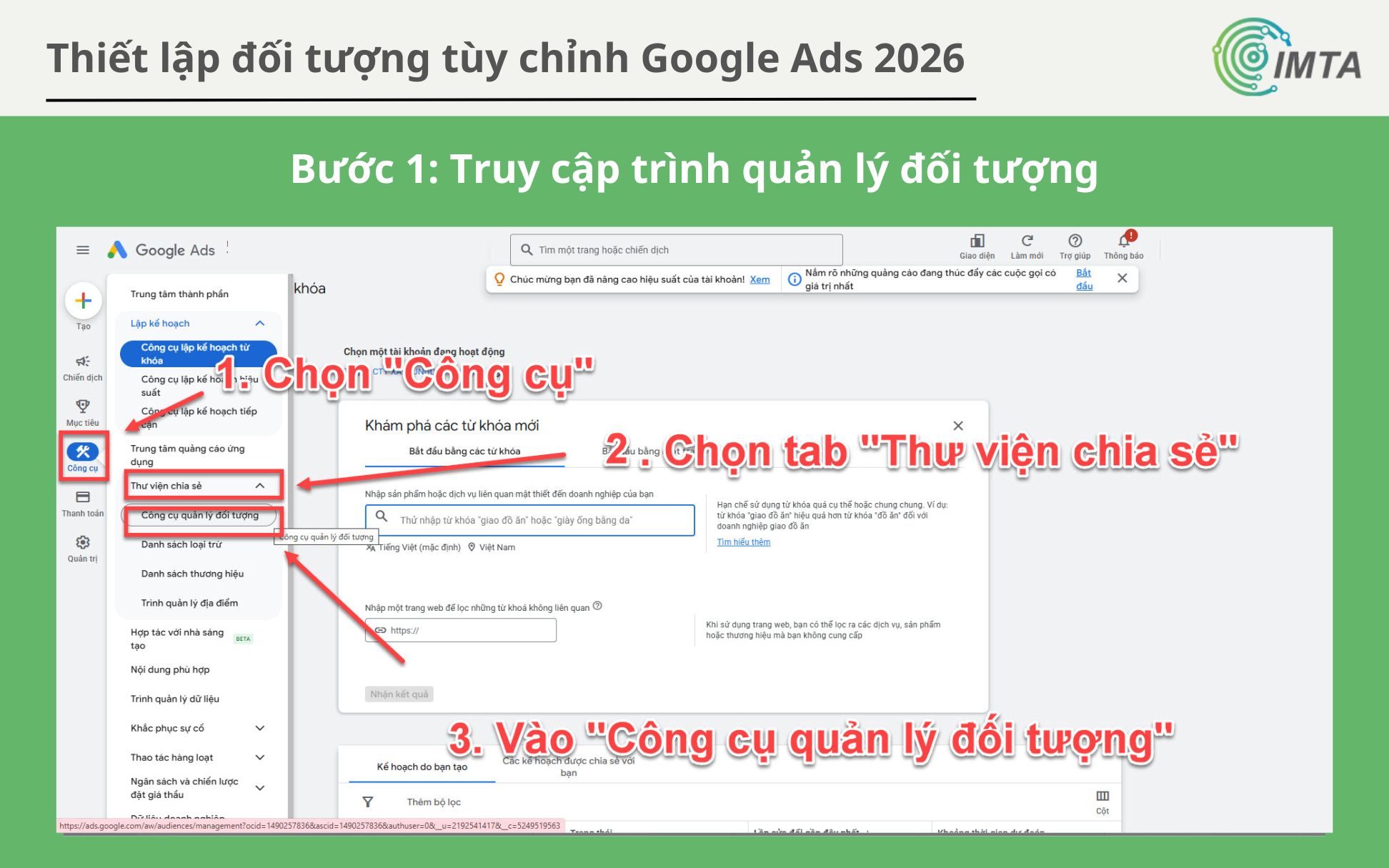 Truy cập trình quản lý đối tượng để thiết lập đối tượng tùy chỉnh Google Ads
