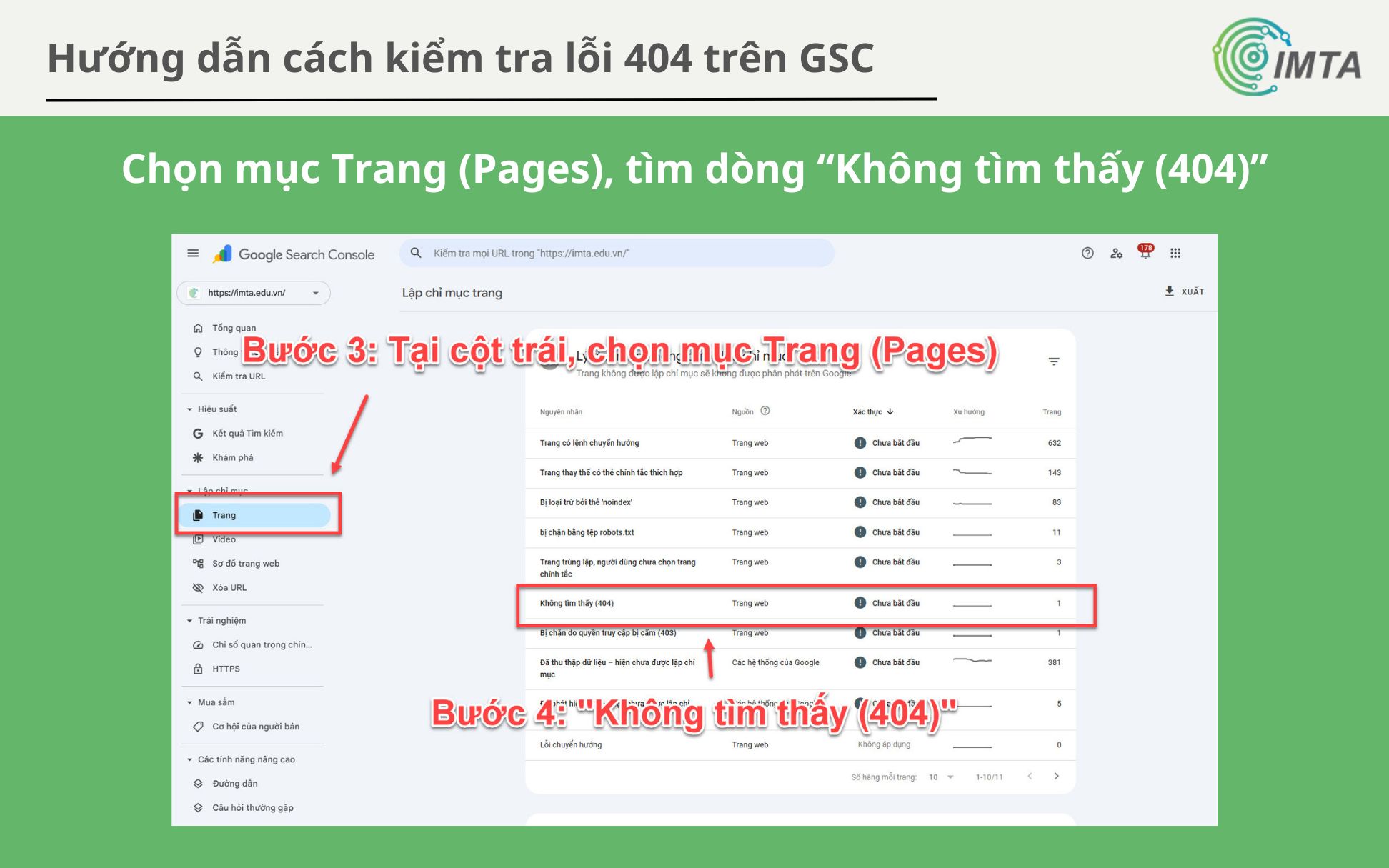 Chọn mục Trang (Pages), tìm dòng “Không tìm thấy (404)”