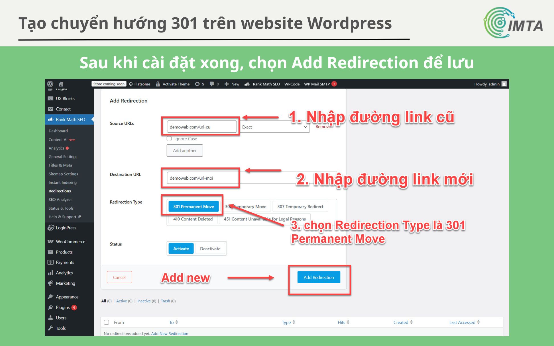 Cài đặt 301 cho URL mới và chọn Add Redirection để lưu
