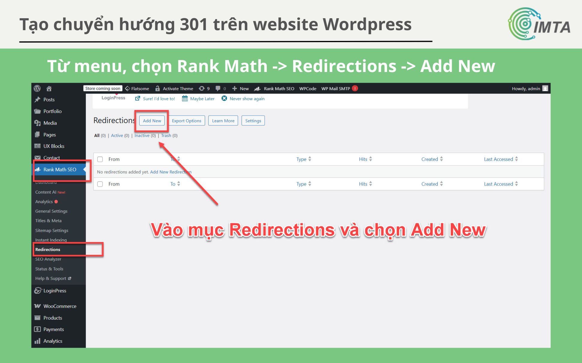 Vào mục Redirections và chọn Add New