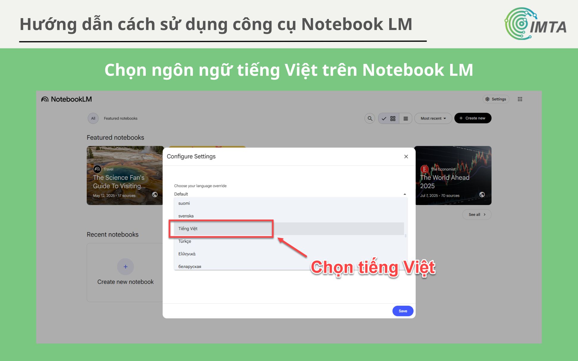 Chọn tiếng Việt trong cài đặt Notebook LM