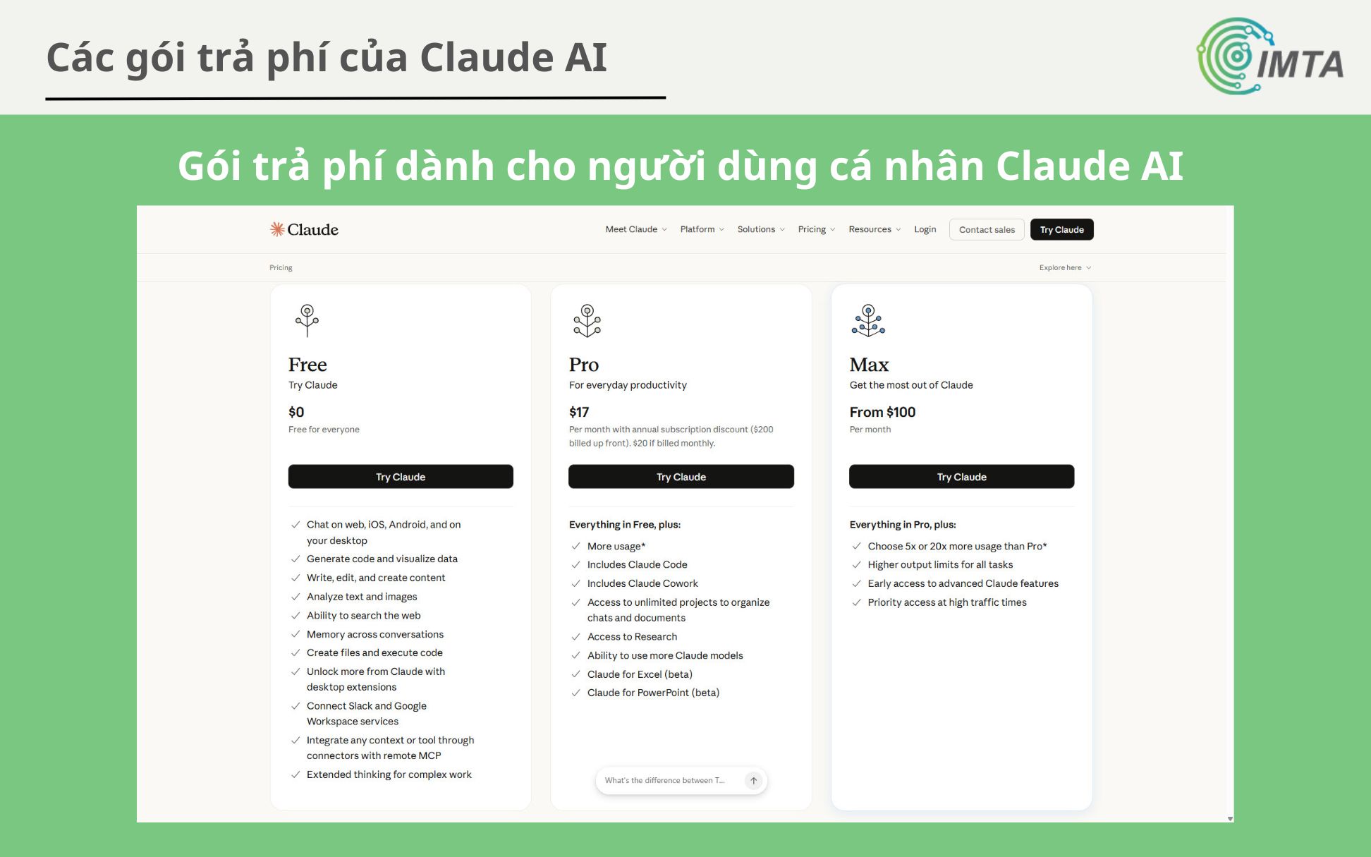 Gói trả phí dành cho người dùng cá nhân của Claude AI