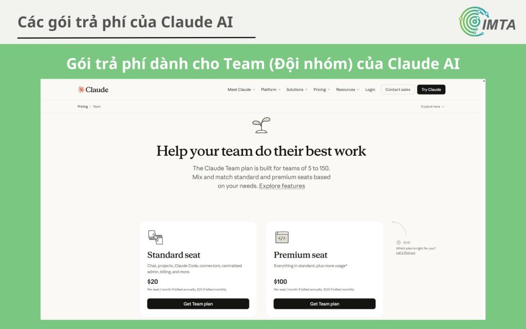Gói trả phí dành cho Team của Claude AI