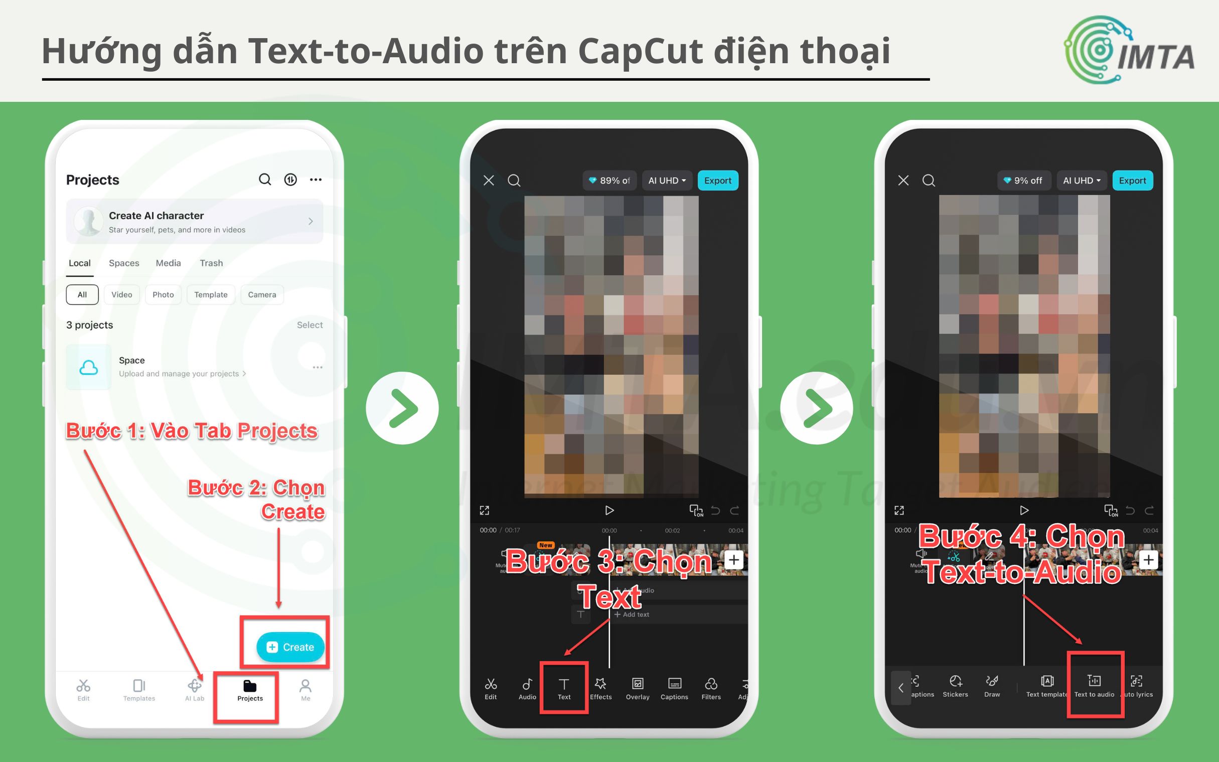 Mở CapCut Mobile lên, tạo dự án, và chọn Text-to-Audio