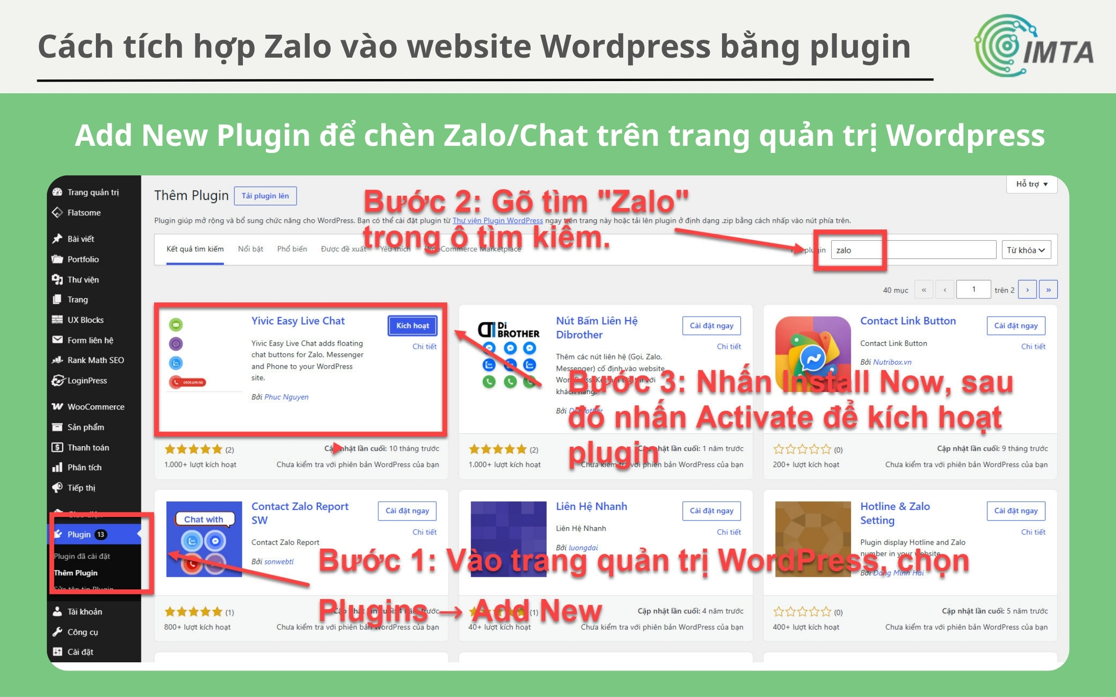 Add New Plugin để chèn Zalo/Chat trên trang quản trị WordPress