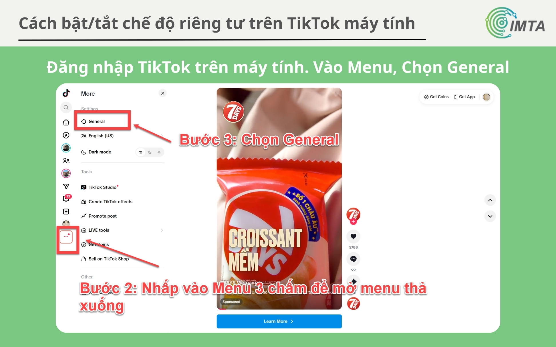 Đăng nhập TikTok trên máy tính. Vào Menu, Chọn General