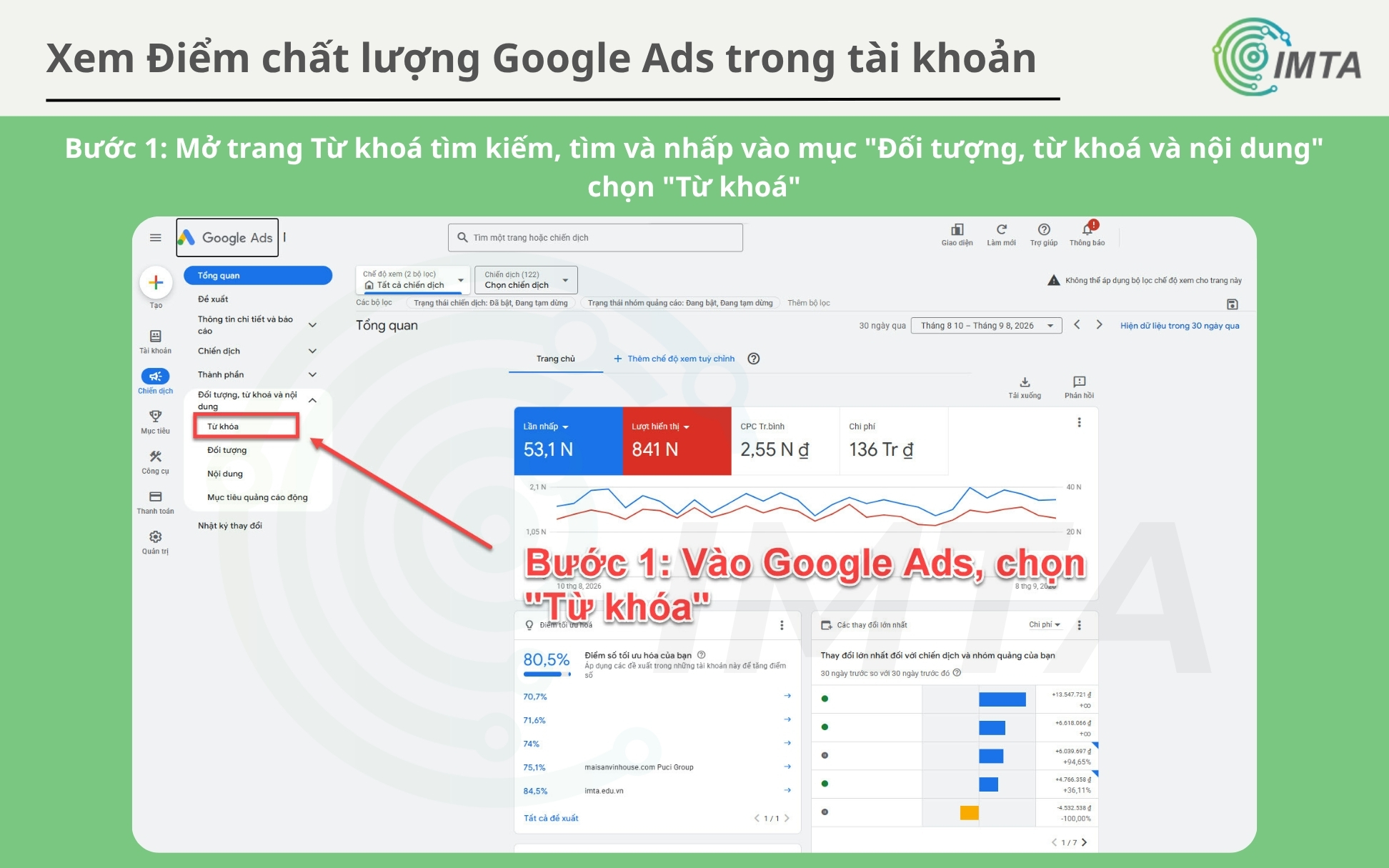 Vào trang tài khoản Google Ads, chọn "Từ khóa"