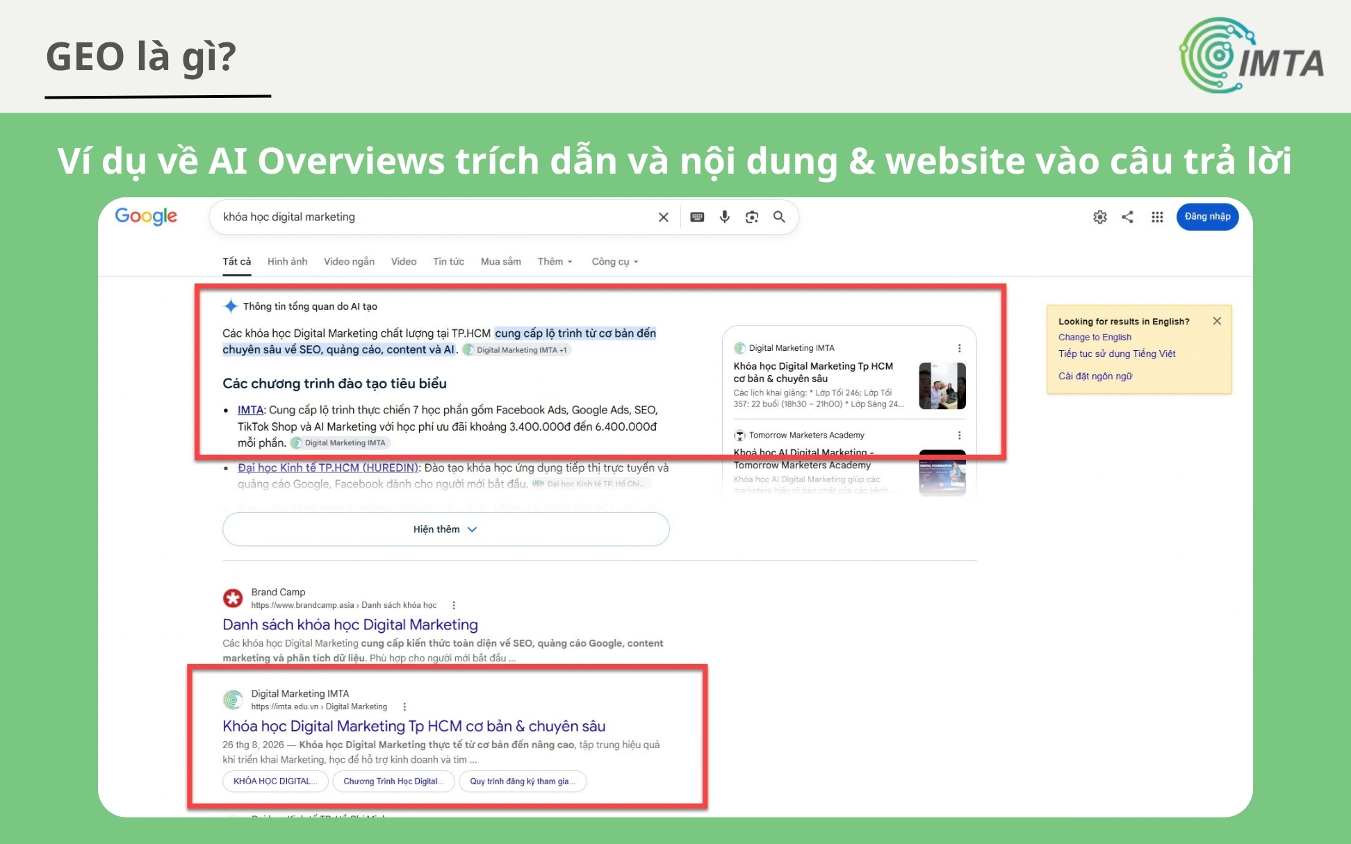 Ví dụ về AI Overviews trích dẫn và nội dung & website vào câu trả lời