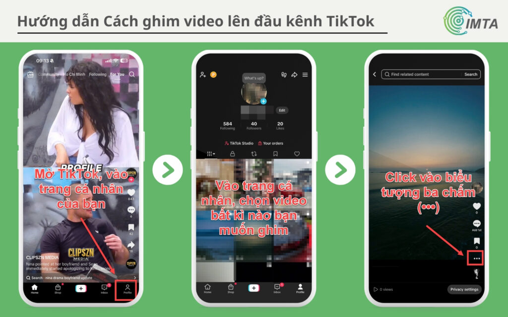 Mở TikTok, chon vào trang cá nhâ, chọn video bạn muốn ghim