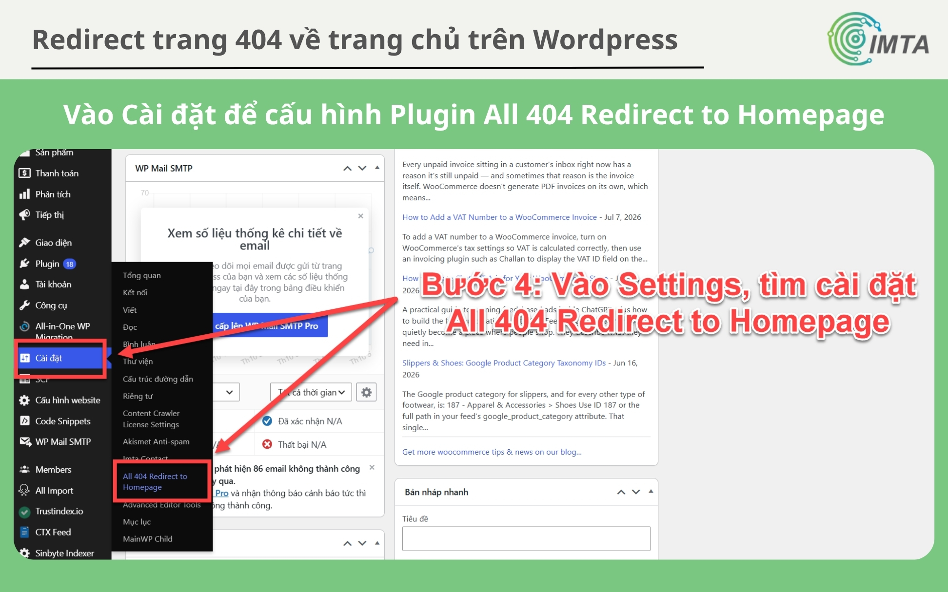 Vào cài đặt và cấu hình Plugin All 404 Reditect to Homepage