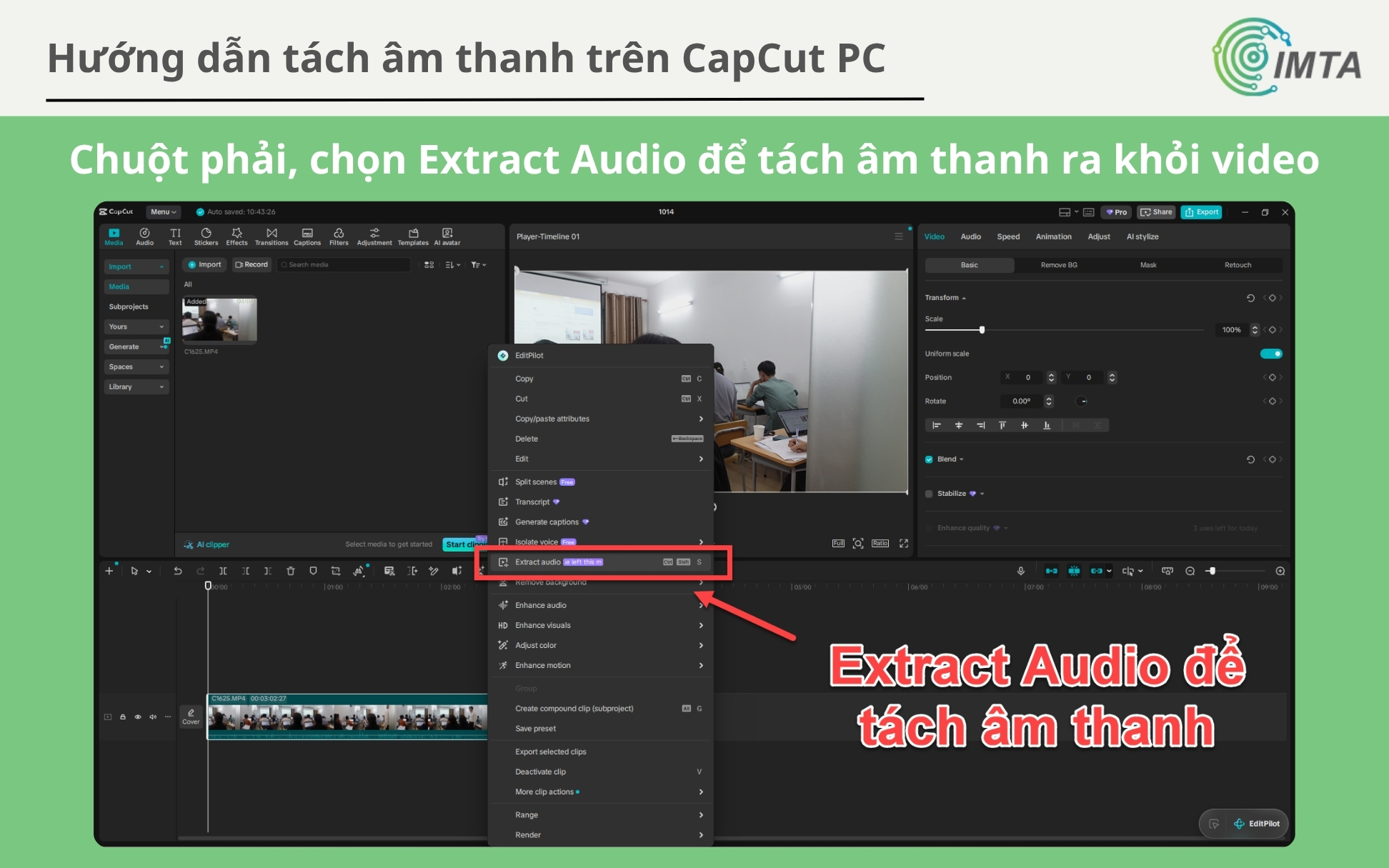 Chọn Extract Audio trên CapCut Desktop để tách âm thanh