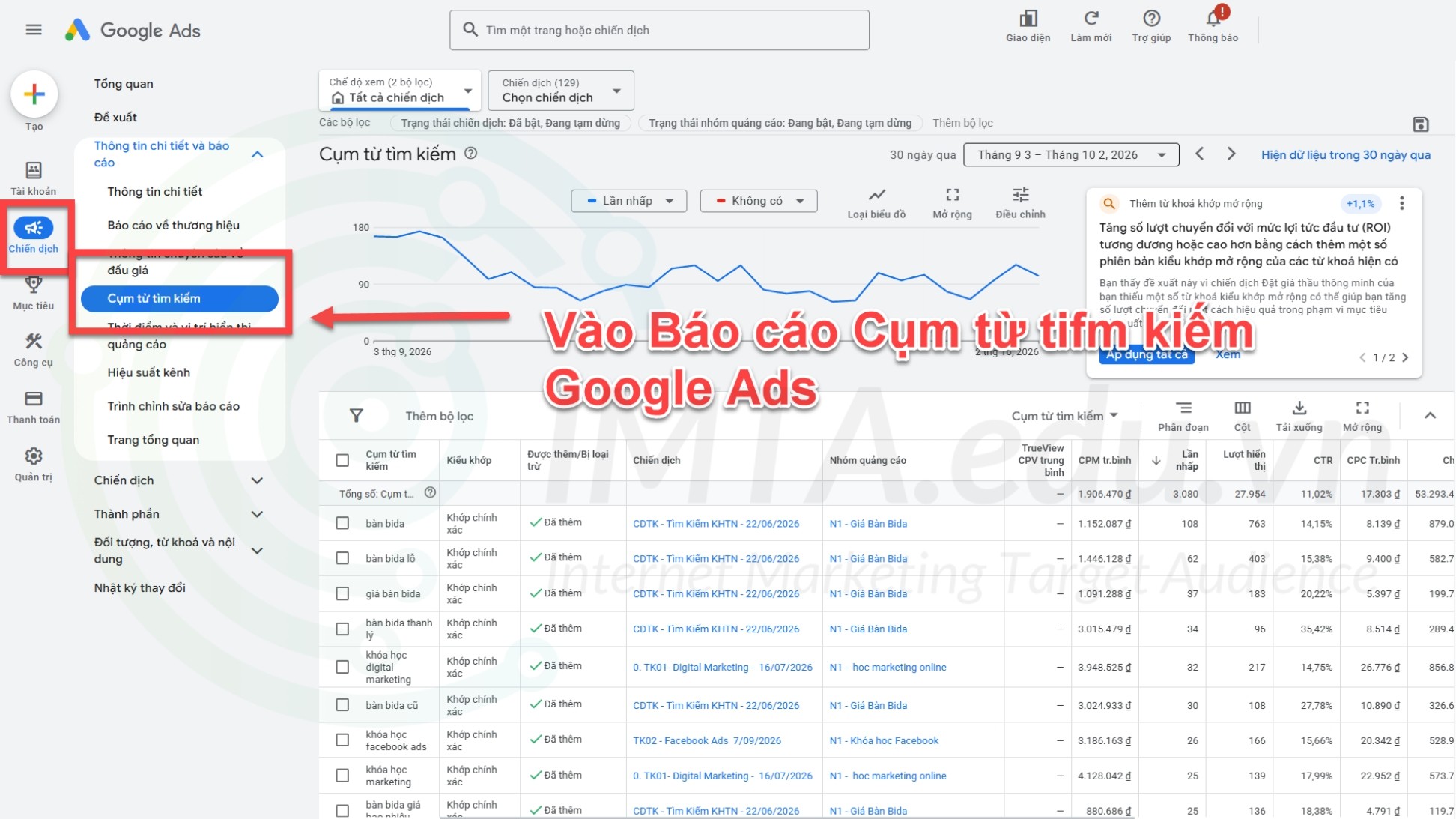 Vào "Báo cáo cụm từ tìm kiếm" trên Google Ads