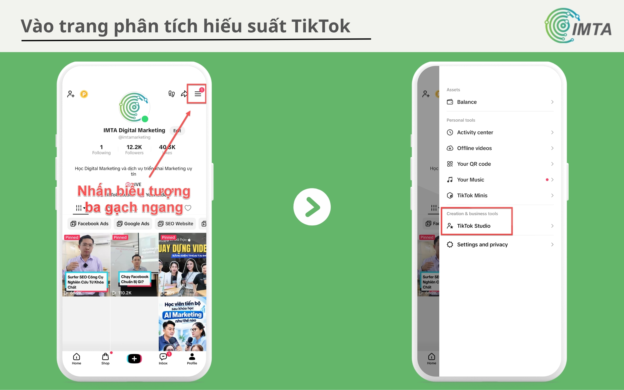 Vào trang TikTok Studio để phân tích hiệu suất kênh